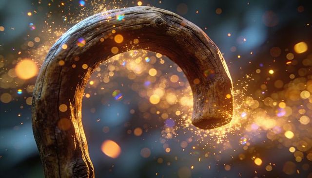 Weathered curved wooden cane handle revealing warm textured grain and golden sparkle