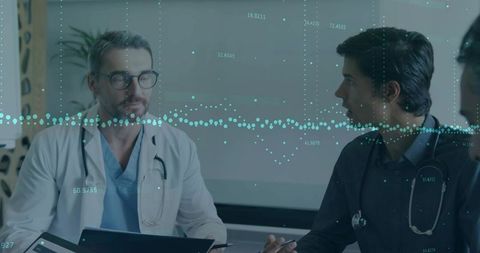Doctors discussing patient data on tablet with digital analytics overlay in meeting