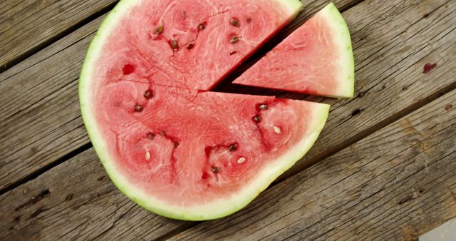 A fresh watermelon is cut into slices on a wooden table, with copy space. Watermelon is a popular summer fruit known for its hydrating properties and sweet taste.