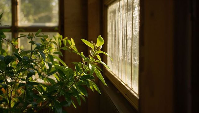 Potted plant glowing on sunlit wooden windowsill with frosted glass