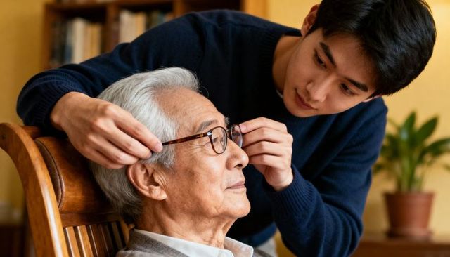 Adult adjusting senior man glasses while providing care in cozy home interior