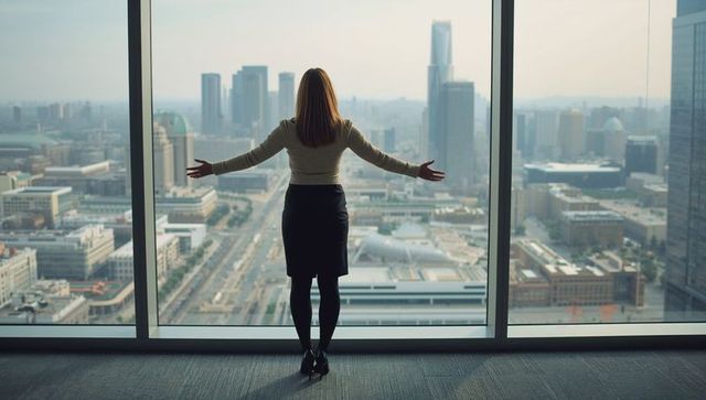 Executive woman standing with arms outstretched overlooking city skyline from high-rise