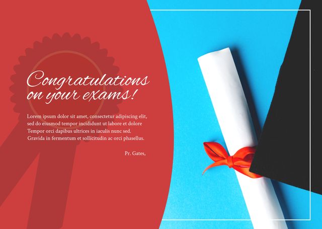 Congratulations on Exams with Graduation Certificate on Red and Blue Background - Download Free Stock Templates Pikwizard.com