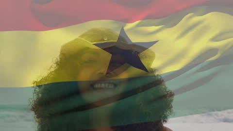 Ghanaian Flag Overlay on Smiling Woman at Beach