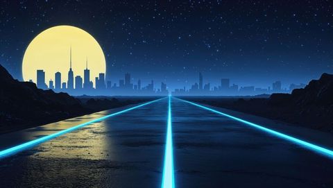 Futuristic neon road leading to cityscape under full moon