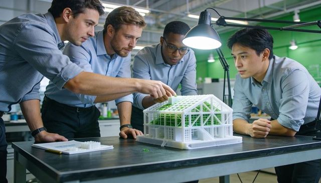 Multicultural team collaborating on 3D-printed green-roof architectural model in workshop