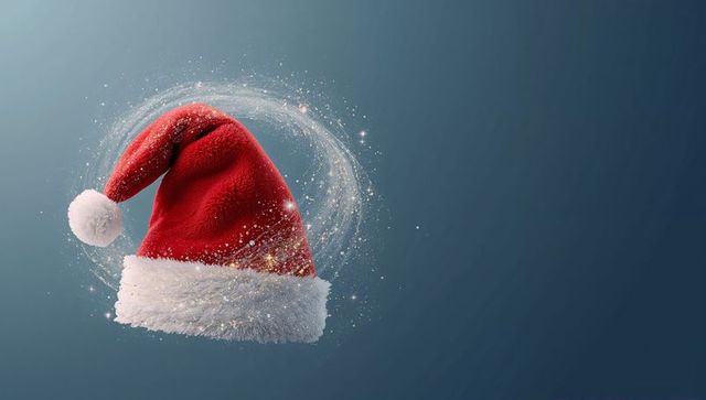 Floating Santa Hat with Glitter Halo on Blue Gradient Background