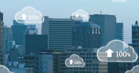 Digital cloud over cityscape symbolizing cloud computing
