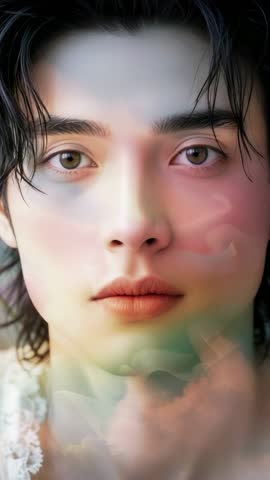 Vertical video: Model raising eyelids and focusing gaze with shifting pastel cloud overlay