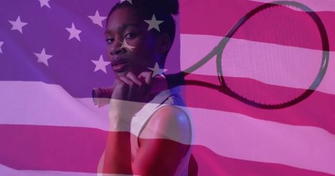 Confident Female Tennis Player Overlayed with American Flag
