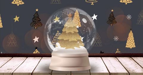 Festive Snow Globe with Golden Christmas Trees and Stars