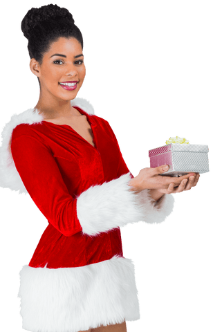 Smiling Woman in Festive Christmas Suit Holding Present