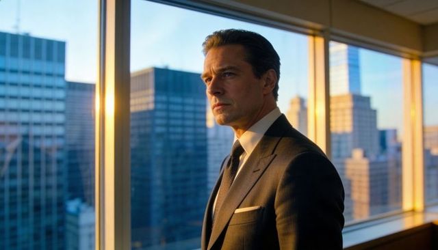 Senior Executive Gazing Through Floor-to-Ceiling Windows Over Urban Skyline at Sunset