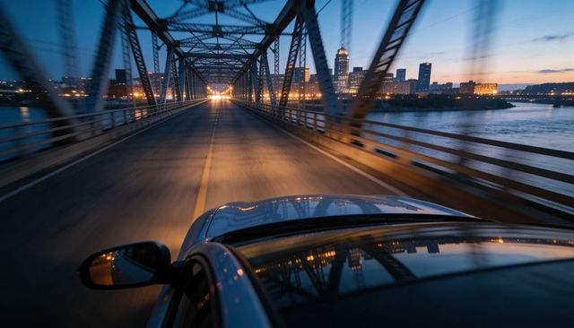 Driving across steel truss bridge at dusk with city lights reflecting on car hood with motion blur