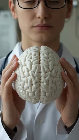 Doctor lowering brain model revealing face in lab with stethoscope — neuroscience video