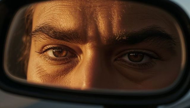 Intense closeup male driver eyes reflecting in rearview mirror at sunset glow