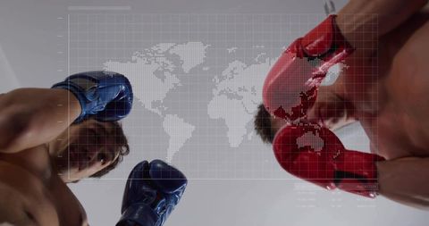 Dynamic boxing match with digital world map overlay