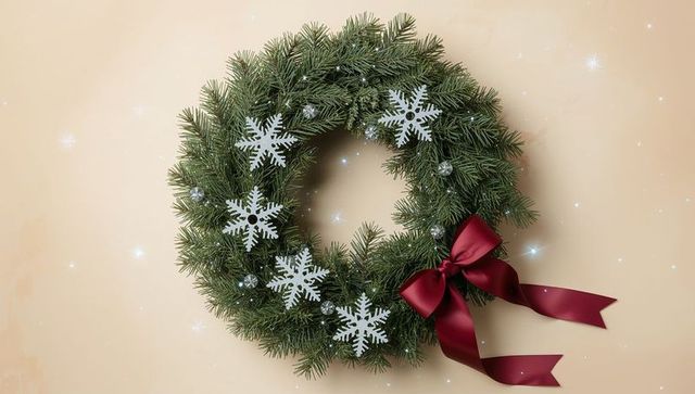 Elegant Festive Pine Wreath with White Snowflakes, Silver Ornaments and Burgundy Bow