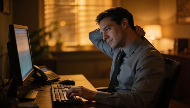 Focused businessman working late at desk with monitor and keyboard under warm lamp light