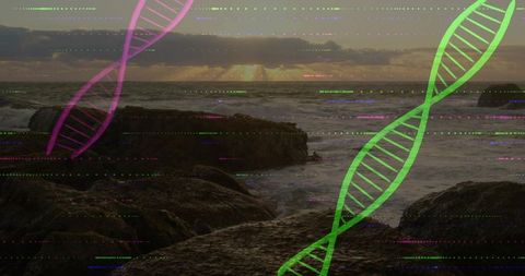 Sun dipping over rocky shore with neon dna strands overlaying seascape at dusk