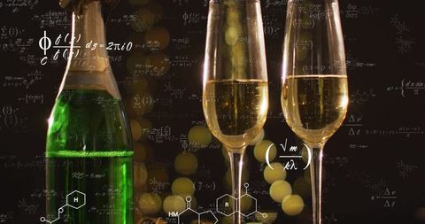 Scientific Celebration Champagne Bottle and Flutes Featuring Chemistry Formulas and Bokeh