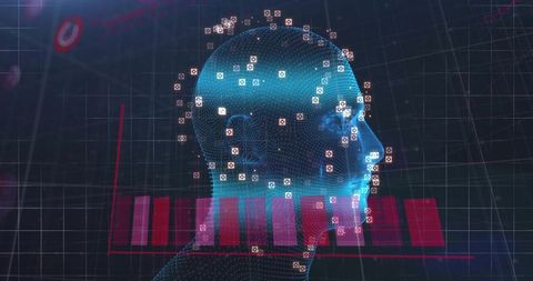 3d wireframe head with biometric facial recognition data