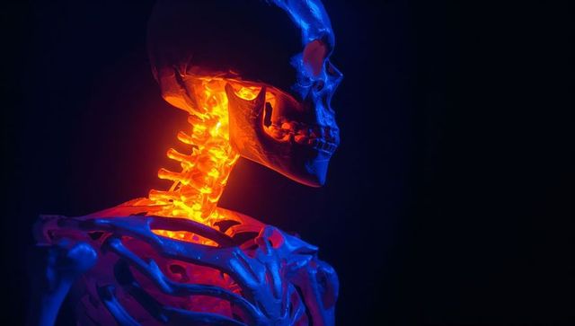 Neon skeletal anatomy with fiery cervical glow and dramatic blue rim lighting