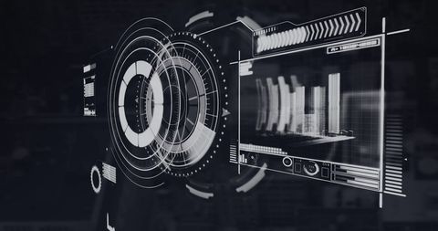 Futuristic digital interface with data and analysis metrics