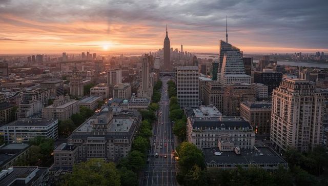 Tree-Lined Avenue Leading to Empire State Building at Sunset