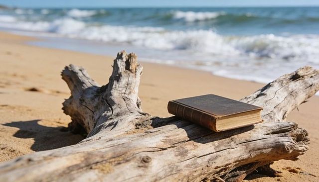 Worn leather-bound book resting on bleached driftwood at sunlit golden beach with surf