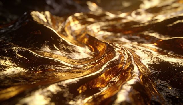 Glossy gold metal waves macro, reflective brass ripples and warm amber highlights