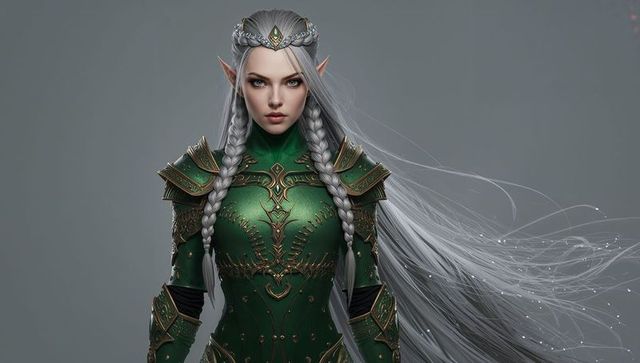 Elegant elf warrior with silver braid sport jewel set armor