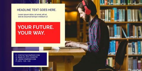 Focused Man Using Laptop in Library with Red Headphones - Download Free Stock Templates Pikwizard.com