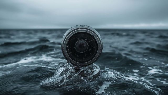 Floating surveillance lens on choppy ocean waves, stormy seascape, industrial optics concept