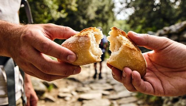 Hikers sharing crusty bread on woodland trail breaking bread during outdoor trek