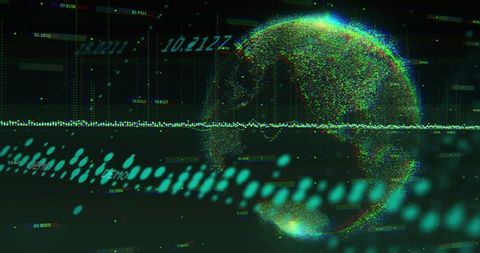 Visualizing global data stream with holographic particle globe and neon waveform
