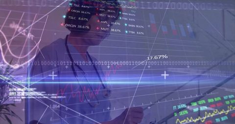 Nurse in Scrubs Analyzing Stock Data and Medical Charts