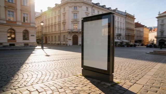 Blank digital ad kiosk reflecting historic facades on sunlit cobblestone city square