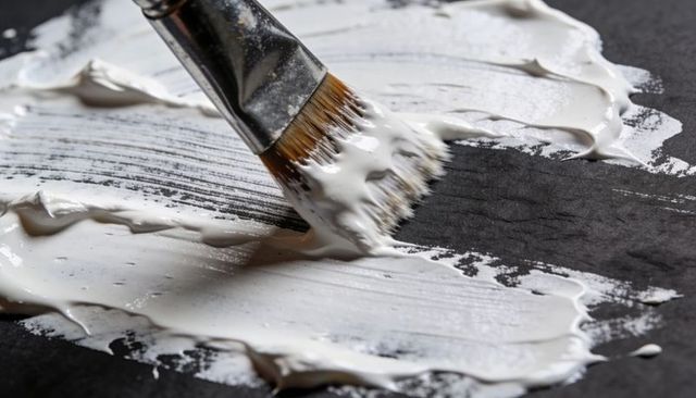 Spreading thick white paint with flat bristle brush on dark textured surface