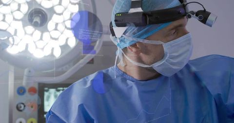 Surgeon Wearing Surgical Headlight Loupe and AR Headset Performing High-Tech Operation