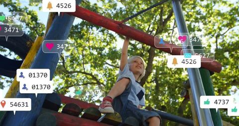 Child Climbing Playground Encouraged by Social Media Interaction Icons