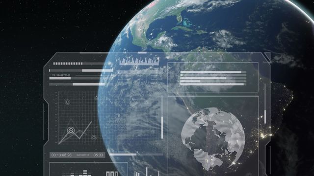 Illustrates futuristic technology with data overlay on Earth's image from space. Ideal for use in technology presentations, global business analytics, scientific research, and data processing concepts.