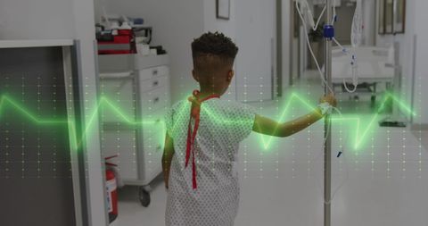 Young Patient Walking with Medical Drip and ECG Overlay