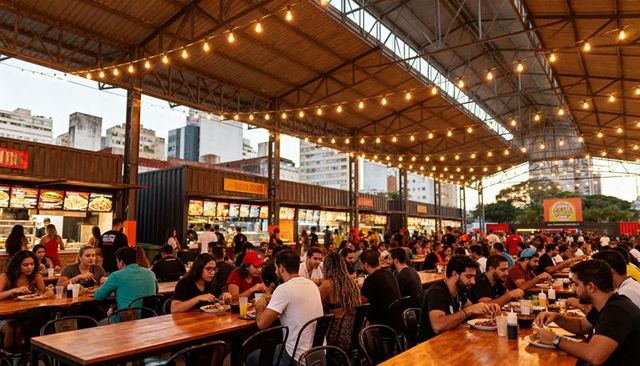 Urban night market dining under string lights with communal wooden tables and food stalls