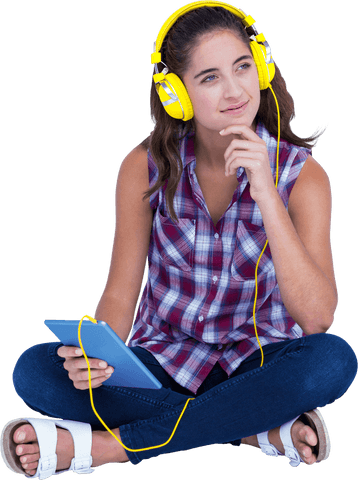 Transparent Woman in Plaid with Headphones and Tablet Sitting Cross-Legged - Download Free Stock Videos Pikwizard.com