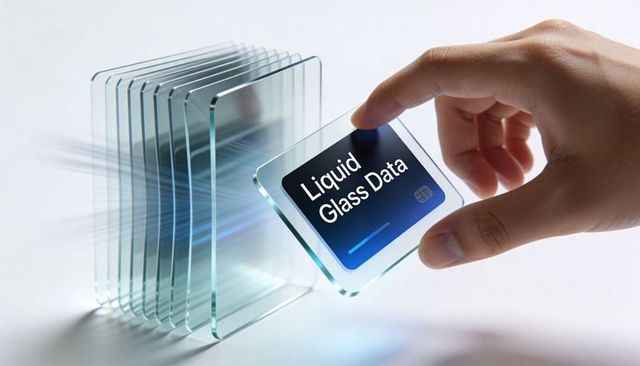 Holding liquid glass data module with stacked transparent panes and blue progress display