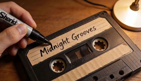 Handwriting midnight grooves on vintage cassette tape with marker on warm wooden desk lamp