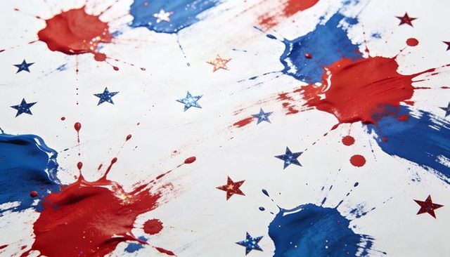 Red and blue paint splatter splashing on white canvas with glitter stars and drips