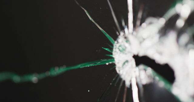 Detailed close-up view of a bullet hole in shattered glass against a dark background. Ideal for illustrating themes of crime, violence, danger, and destruction. Can be used in safety campaigns, crime scene reenactments, and relevant editorial content.