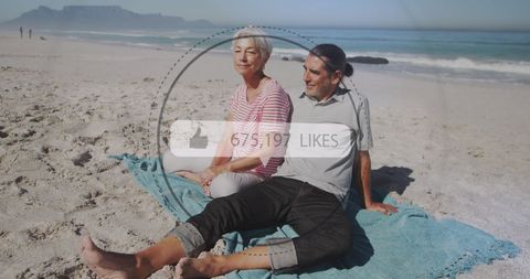 Senior Couple Relaxing on Beach with Social Media Overlay